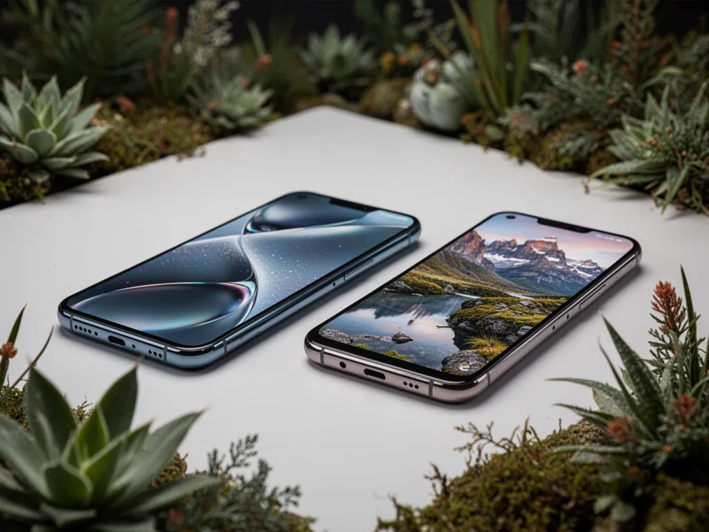 Plusieurs smartphones milieu de gamme posés sur une table avec leurs écrans allumés