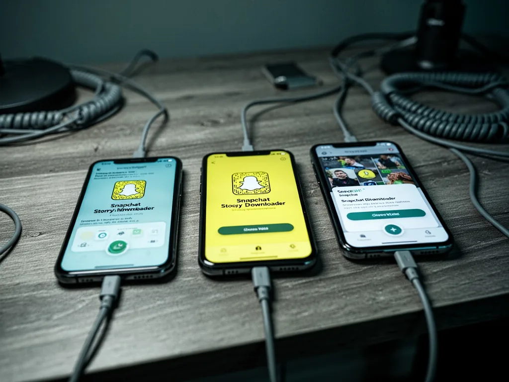 A wooden desk with three smartphones side by side, each screen showing a distinct Snapchat story downloader app interfac