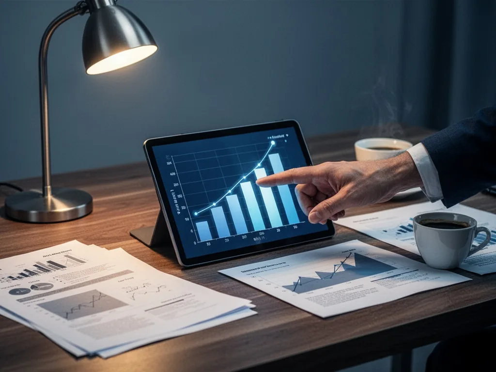 A hand pointing at a glowing bar chart on a tablet screen, surrounded by financial documents and a coffee cup, warm desk