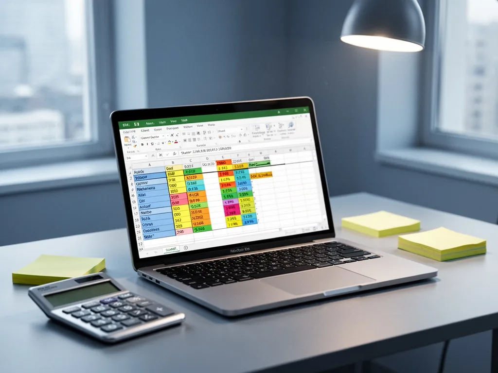 An Excel spreadsheet on a laptop screen with colorful cells and formula bar showing SUMIF, a silver calculator and yello