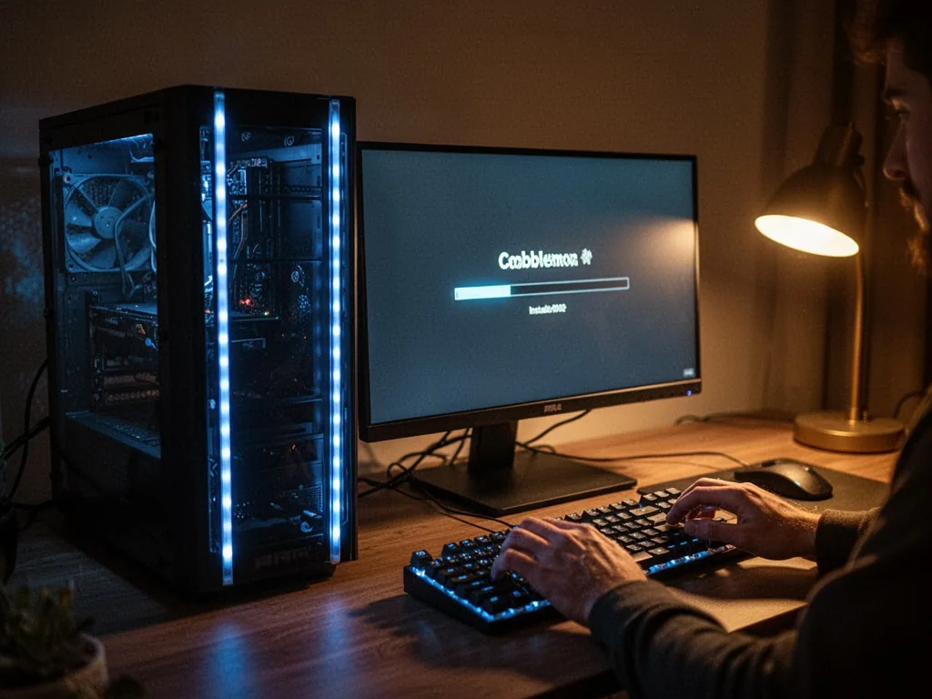 A server tower with blue LED strips, a monitor displaying Cobblemon modpack installation progress bar, hands typing on a