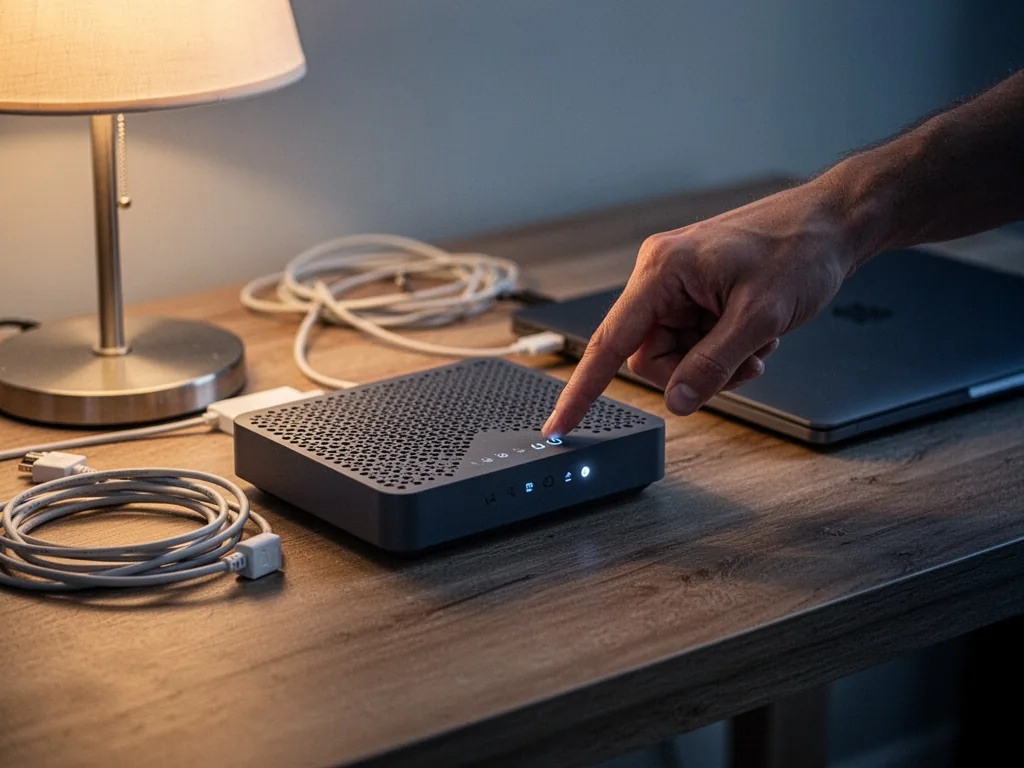 A Freebox router on a wooden desk, a hand with fingertips pressing the power button gently, soft warm lamplight, cables 