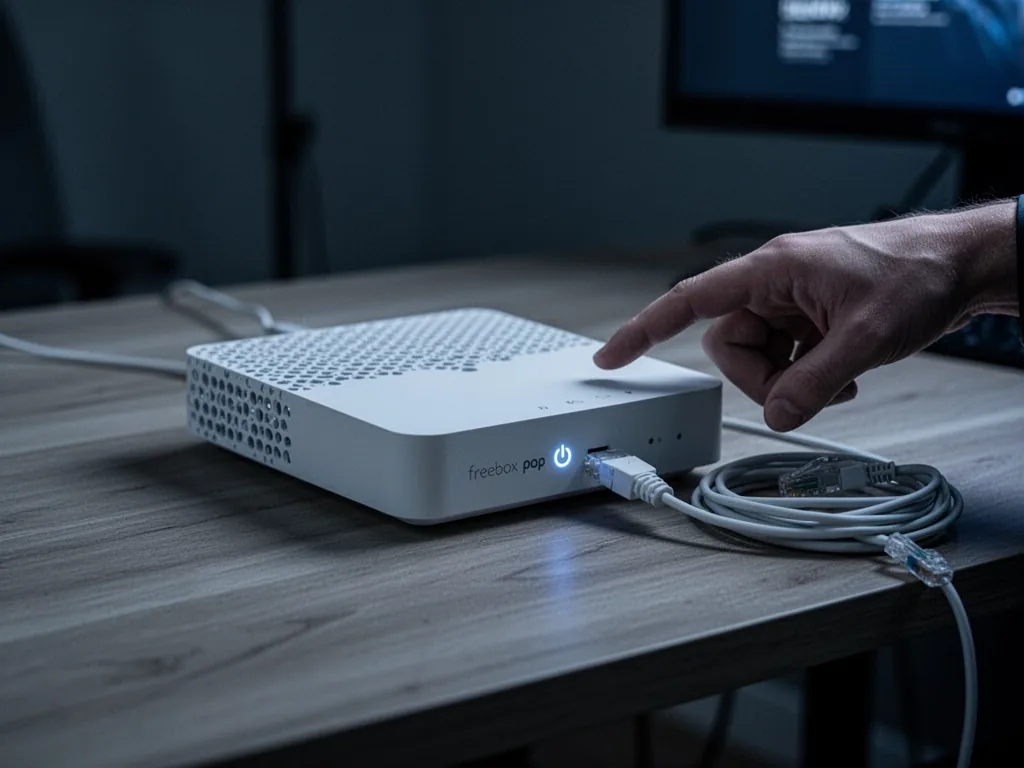 A white Freebox Pop router on a wooden desk, a finger pressing the power button gently, visible Ethernet cable curled ne