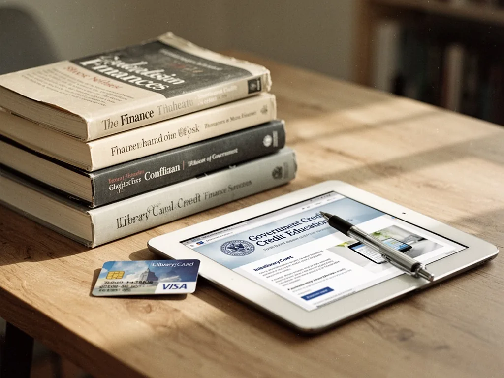 A stack of finance books and a tablet displaying a government credit education website, a library card and a pen resting