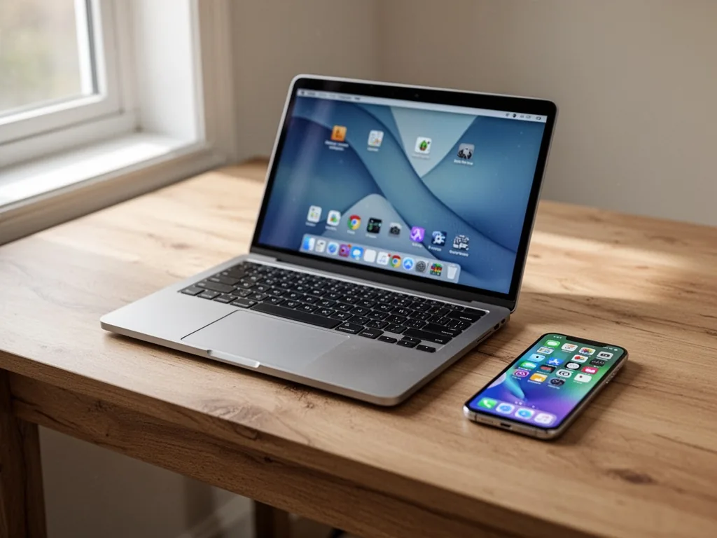 A wooden desk with a laptop displaying a desktop operating system and a smartphone beside it showing a mobile home scree