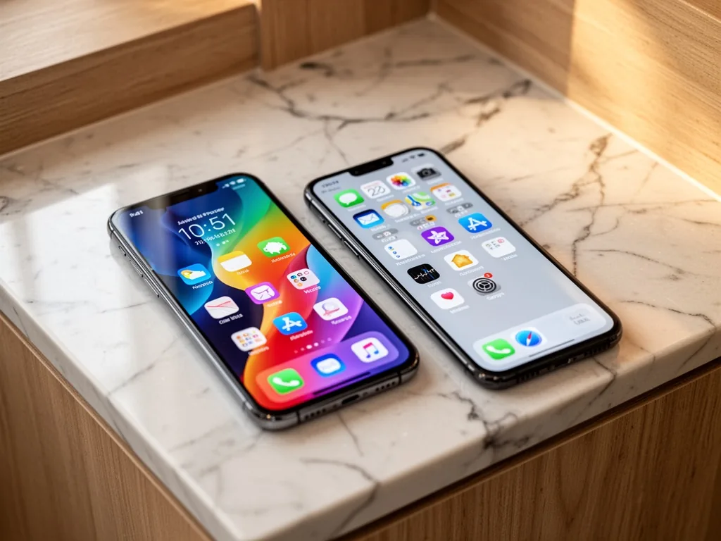 Two smartphones lying on a marble countertop, one with a colorful Android home screen and the other with a clean iOS hom