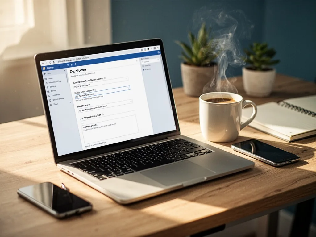 A laptop screen with an 'Out of Office' email settings page open, a steaming coffee mug and a smartphone beside it, warm