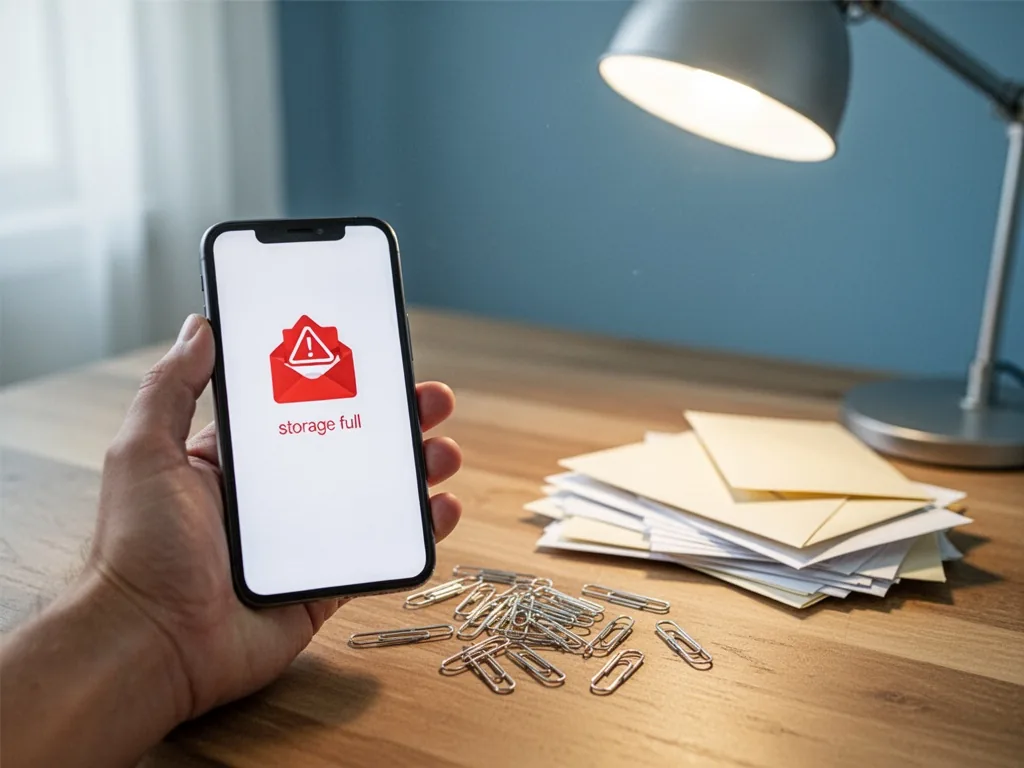 A hand holding a smartphone with a red 'storage full' email warning icon on screen, scattered paper clips and a pile of 