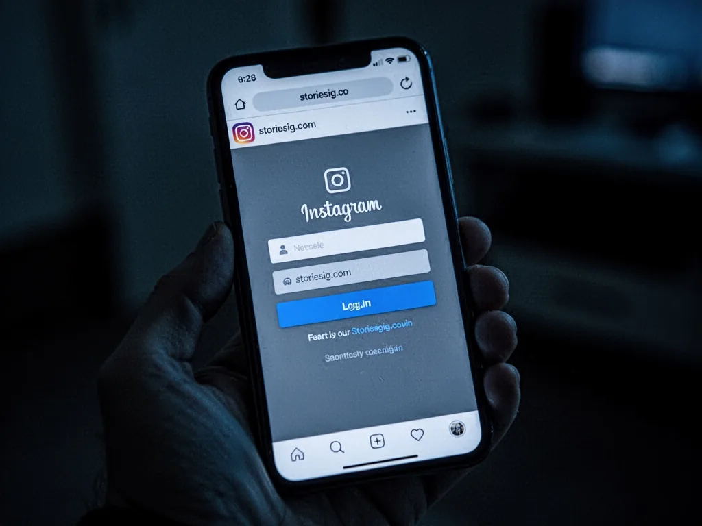 A smartphone held in a hand, the screen displaying a fake Instagram login page, the URL bar showing 'storiesig