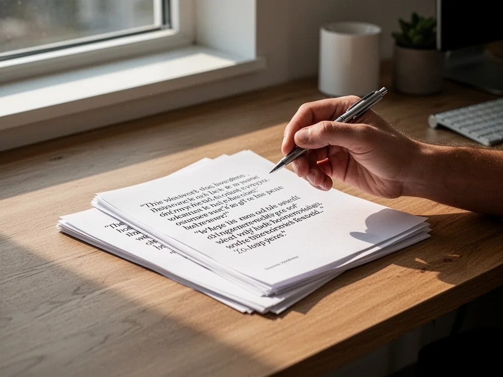 A stack of three printed quote sheets on a wooden desk, a hand holding a pen above them, soft morning daylight from a wi