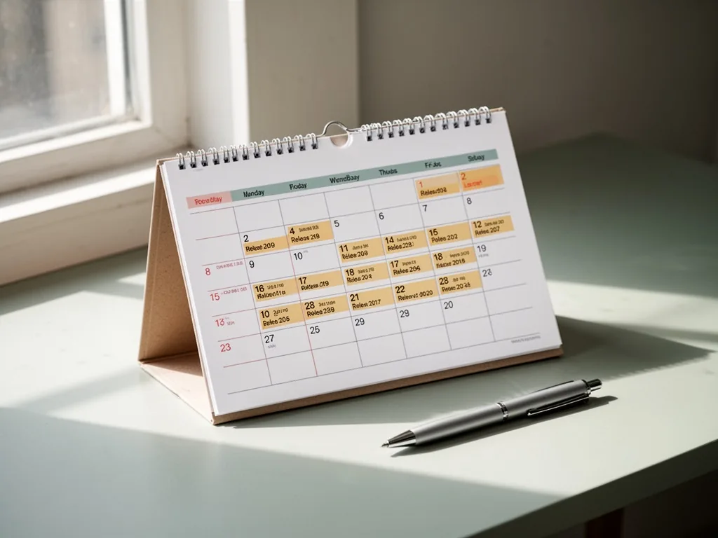 A desk calendar open to a monthly spread with highlighted release dates, a single pen lying nearby, natural window light
